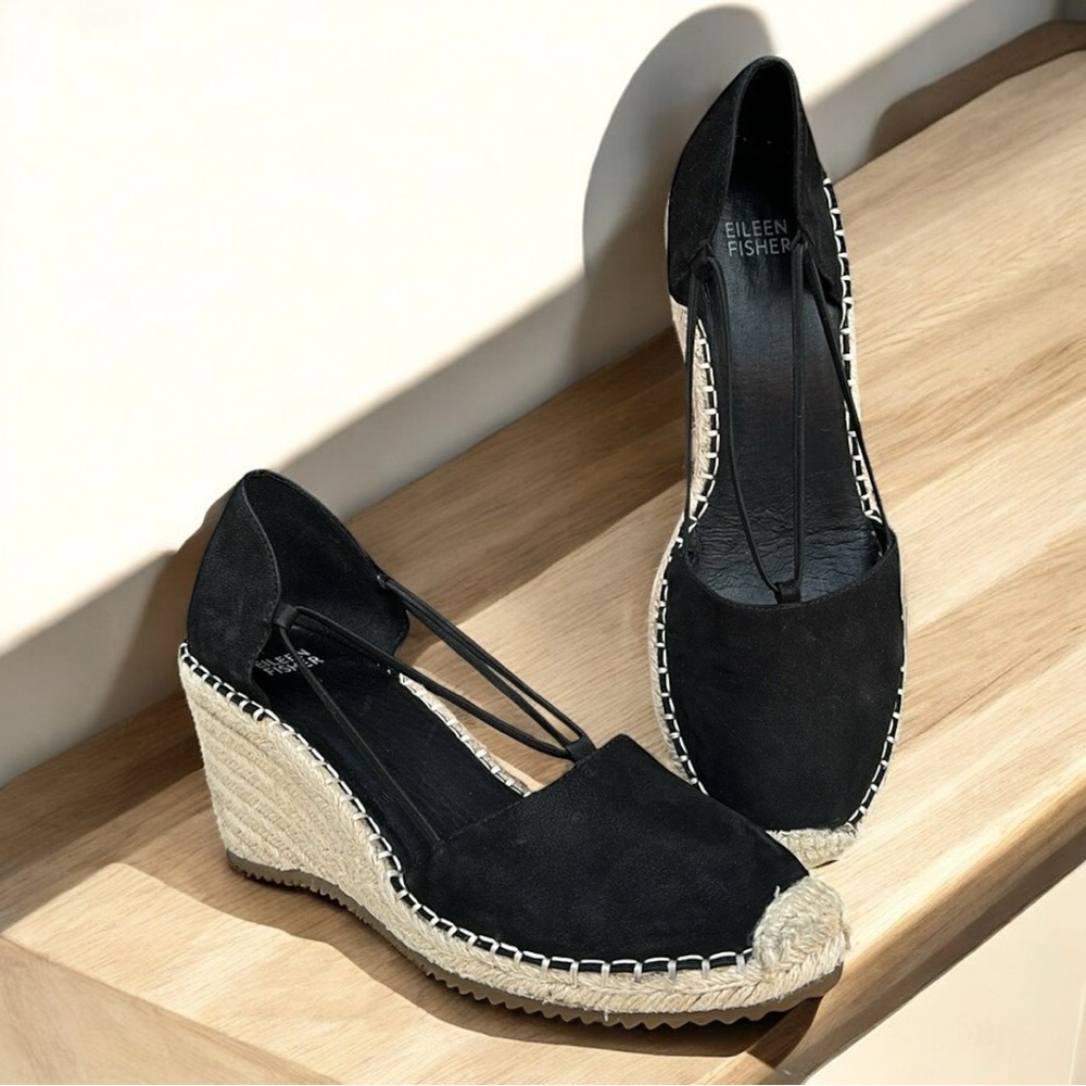 Eileen Fisher Yasmin Black Nubuck Espadrille Wedge Slip-Ons Size 9